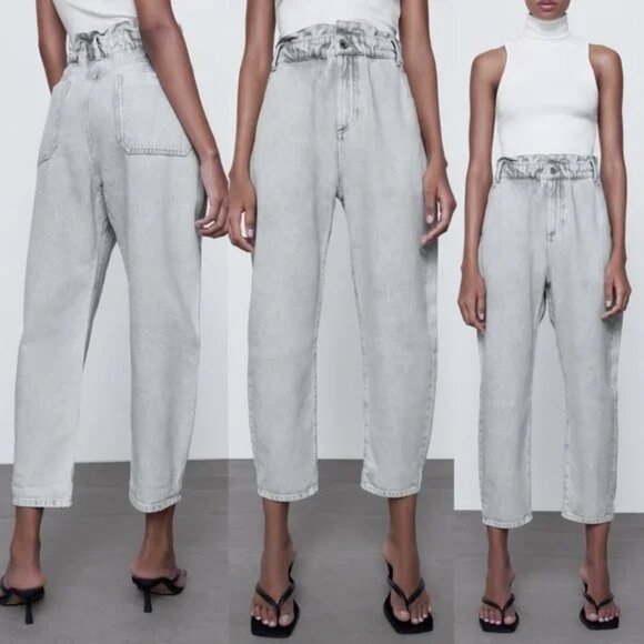 Zara Baggy Paperbag Elastic High Waist Light Grey Gray Denim Jeans Size 6 Ankle - Picture 1 of 16